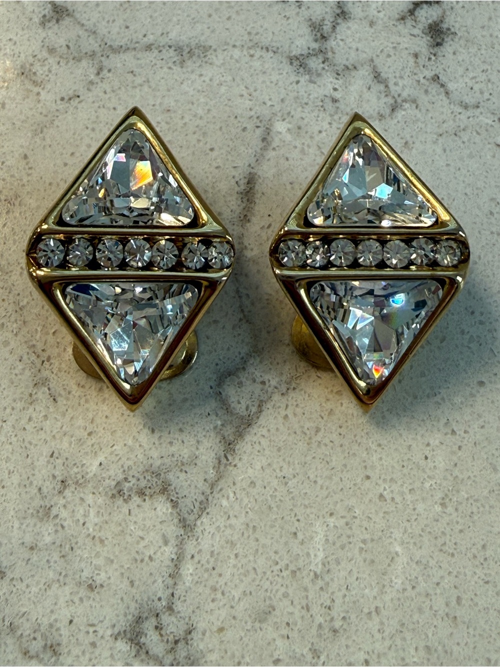 1990 Era Vintage Gold-Tone Crystal Triangle Clip Earrings - Clear Crystal NWOT